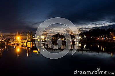 Yaquina Bay and Newport marina, Oregon, at twilight Editorial Stock Photo