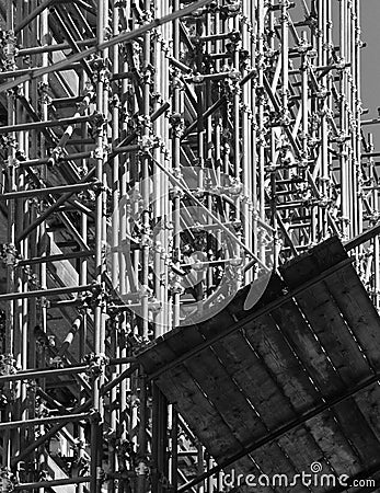 Yard with a crowd of scaffolds, black and white Stock Photo