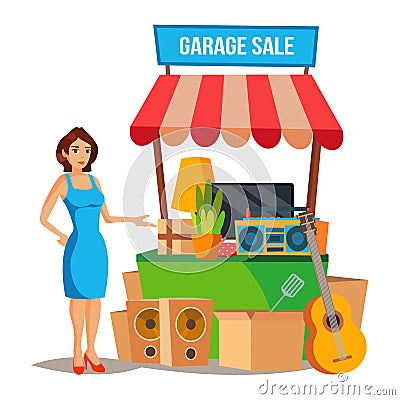 Yard Sale Vector. Household Items Sale. Woman Manning a Garage Sale. Cartoon Character Illustration Vector Illustration