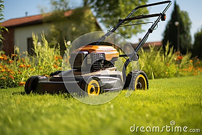 Yardwork in action Mowing the grass for a neat lawn Stock Photo