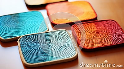 Yarn-wrapped coasters, protecting your surfaces Stock Photo