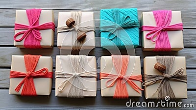 Yarn-wrapped gift tags, personalizing your presents Stock Photo