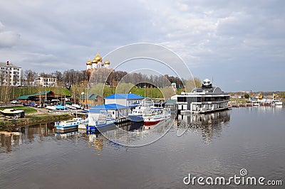 Yaroslavl berth on the background of the new Cathedral of the Dormition Stock Photo