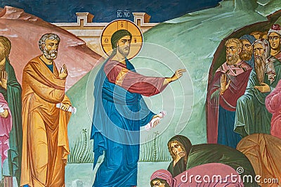 Mural painting of preaching Jesus Christ in Tolga Monastery Stock Photo