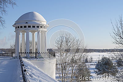 Rotunda gazebo in Strelka park on a sunny January day. Yaroslavl Editorial Stock Photo