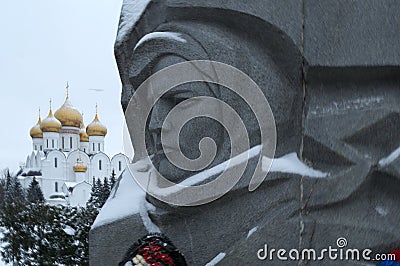 YAROSLAVL, RUSSIA-NOVEMBER 09, 2016: image of the mother in granite against the assumption Cathedral Editorial Stock Photo