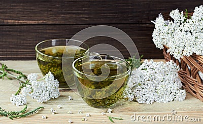 Yarrow herbal healing tea or decoction with fresh milfoil flowers Stock Photo