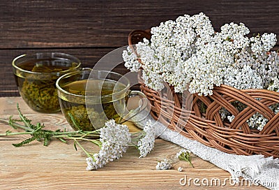 Yarrow herbal healing tea or decoction with fresh milfoil flowers Stock Photo