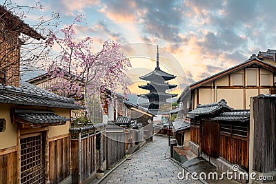 Yasaka Pagoda and Sannen Zaka Street with cherry blossom in the Stock Photo