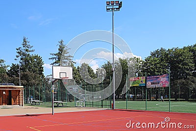 Yaslo, Poland - july 12 2018:Modern basketball and volleyball court.Multifunctional children`s playground with artificial surfaced Editorial Stock Photo