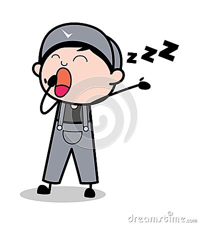 Yawning - Retro Repairman Cartoon Worker Vector Illustration Stock Photo