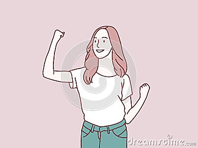 Yeah pose cheerful confident woman celebrates success shout winner simple korean style illustration Vector Illustration