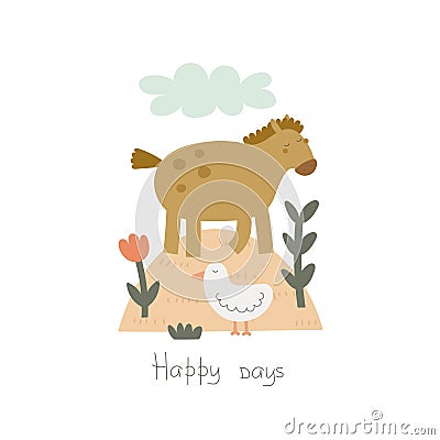 happy days. Cartoon horse, goose, flower, hand drawing lettering. Farm. colorful vector illustration, flat style. Cartoon Illustration