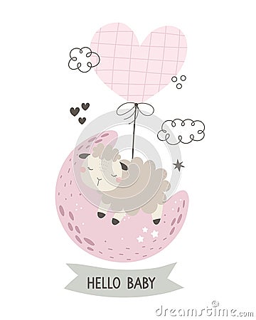 hello baby. cartoon sheep, hand drawing lettering. Vector Illustration