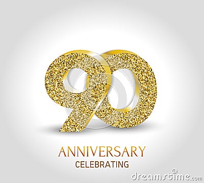 90 - year anniversary banner. 90th anniversary 3d logo with gold elements. Cartoon Illustration