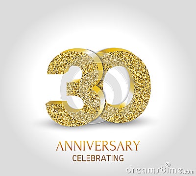 30 - year anniversary banner. 30th anniversary 3d logo with gold elements. Cartoon Illustration