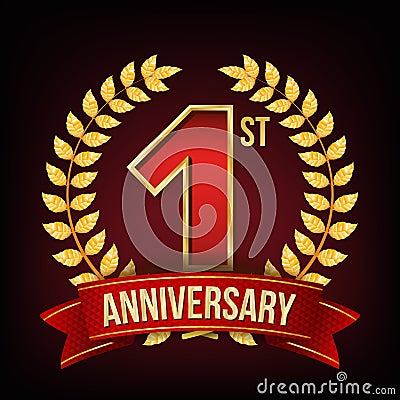 1 Year Anniversary Banner Vector. One, First Celebration. Shining Gold Sign. Number One. Laurel Wreath. Red Ribbon. For Vector Illustration