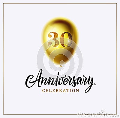 30-year anniversary card. Gold balloon and anniversary text isolated on white. 30th birthday celebrating. Logo, banner, Cartoon Illustration