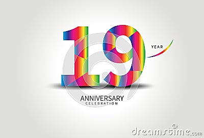 19 Year Anniversary Celebration Logo colorful vector, 19 Number Design, 19th Birthday Logo, Logotype Number, Vector Anniversary Vector Illustration