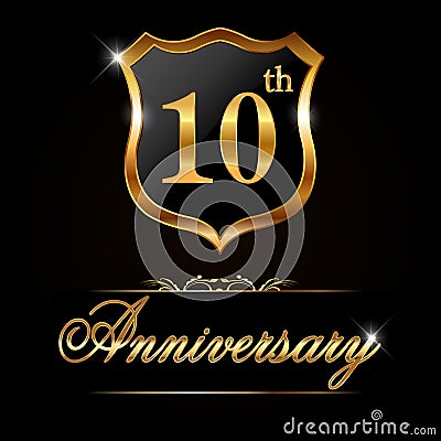 10 year anniversary golden label, 10th anniversary decorative golden emblem Vector Illustration
