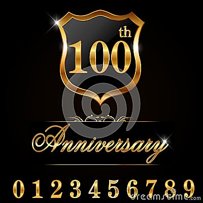 100 year anniversary golden label, 100th anniversary decorative golden emblem Vector Illustration