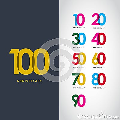 100 Year Anniversary Set 10 20 30 40 50 60 70 80 90 Vector Template Design Illustration Vector Illustration