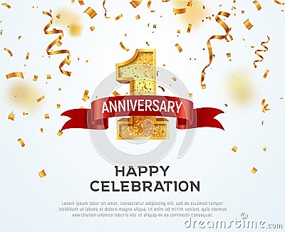 1 year anniversary vector banner template. First jubilee with red ribbon and confetti on white background Stock Photo