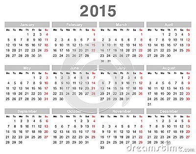 2015 year annual calendar (Monday first, English) Vector Illustration