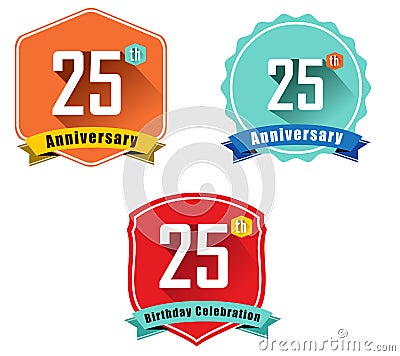 25 year birthday celebration flat color vintage label badge, 25th anniversary Vector Illustration