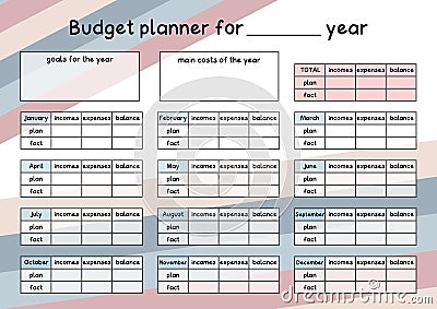 Year budget planner template page. Monthly financial plan of incomes, expenses and savings. Money accounting for family or Vector Illustration