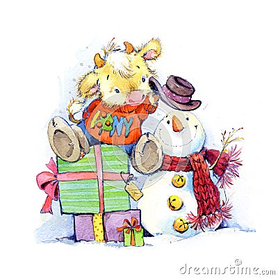 Year of the bull. Funny Cow. Merry Christmas and New Year card. Cartoon Illustration