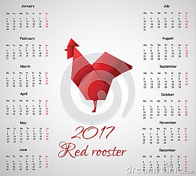 2017 year calendar with chinese symbol Red Rooster in Origami Style Vector Illustration