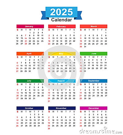 2025 Year calendar isolated on white background vector illustration Vector Illustration