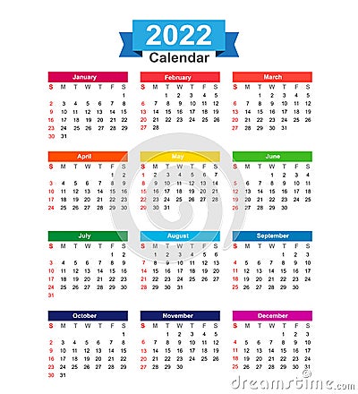 2022 Year calendar isolated on white background vector Vector Illustration