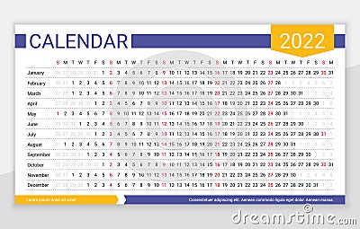 2022 linear calendar. Calender planner template. Vector illustration Stock Photo