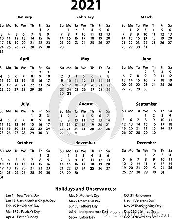 2021 Year Calendar Black and White Vector Illustration