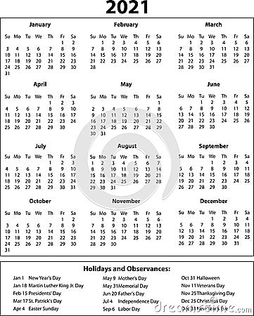 2021 Year Calendar Black and White with Holidays Stock Photo