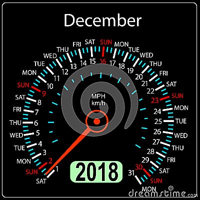 Year 2018 calendar speedometer car in concept. December Vector Illustration