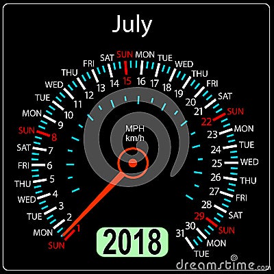 Year 2018 calendar speedometer car in concept. July Vector Illustration