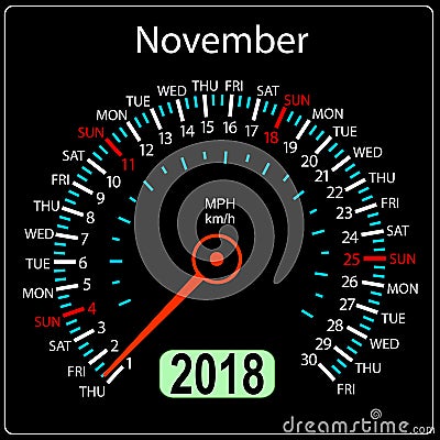 Year 2018 calendar speedometer car in concept November Vector Illustration