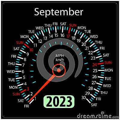 Year 2023 calendar speedometer car in vector. September Vector Illustration
