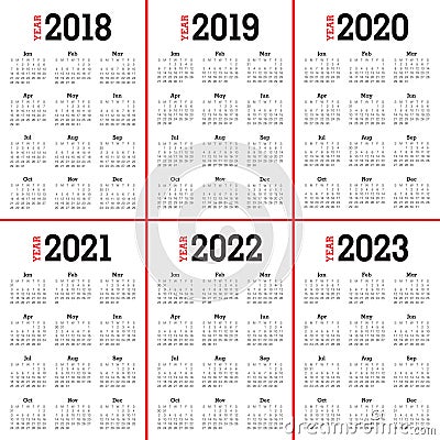 Year 2018 2019 2020 2021 2022 2023 calendar vector Vector Illustration