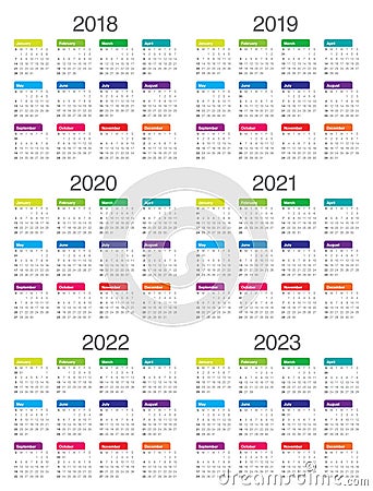 Year 2018 2019 2020 2021 2022 2023 calendar vector Vector Illustration