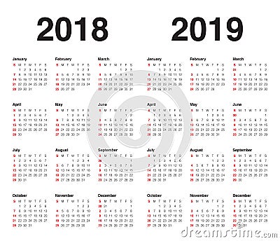 Year 2018 2019 calendar vector Vector Illustration