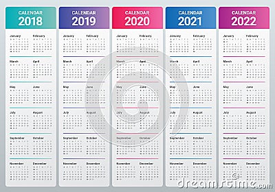 Year 2018 2019 2020 2021 2022 calendar vector Vector Illustration