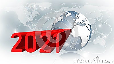Year change 2021 - abstract 3D text illustration with red year digits - earth globe in front of world map background and rings Cartoon Illustration