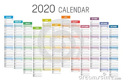 Colorful 2020 horizontal unaligned calendar Stock Photo