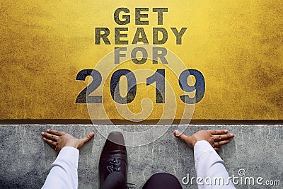 2019 Year Concept. Top view of Businessman on Start line, Ready Stock Photo