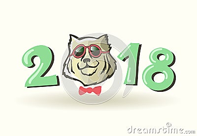 Year of dog 2018. Chinese new year 2018. Portrait of a serious confident dog with glasses and a bow tie. Stock Photo