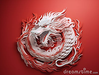 Year of The Dragon, Chinese Zodiac dragon Red papercut design. Wooden dragon 3d illustration as a symbol of the year. Dragon Cartoon Illustration